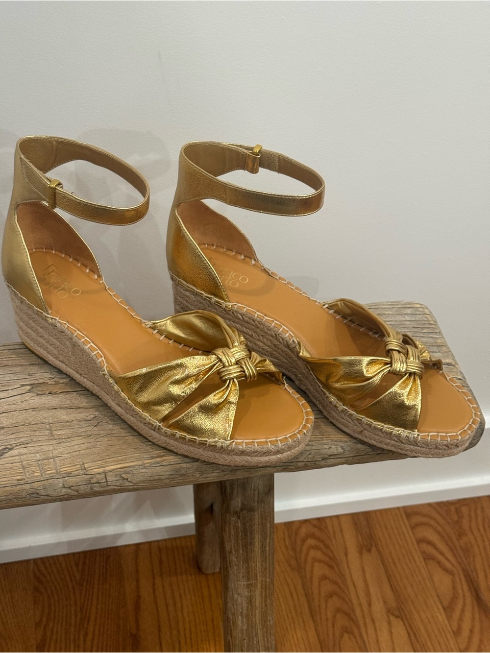Franco Sarto Metallic Gold Espadrille Wedge Sandals with Ankle Strap
